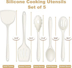 TeamFar Silicone Cooking Utensils Set, 5-Piece Heat Resistant Kitchen Utensils Set, Nonstick Slotted Solid Spoon Turner Pasta Server for Frying, Serving, Mixing, Non-Toxic & Dishwasher Safe, White