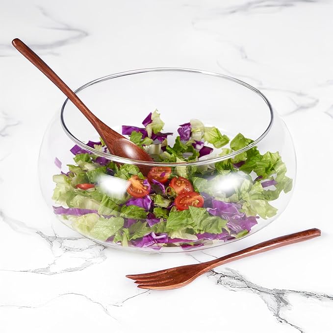 LiTY Large Glass Salad Bowl Set with Acacia Wood Base and Salad Serving Utensils, Salad Servers for Party, Fruits, Popcorn, Chips, Pasta, Kitchen Must-Have