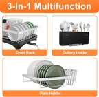 Dish Drying Rack - 2-Tier 304 Stainless Steel Dish Rack for Kitchen Counter , Adjustable Spout Auto-Draining Dish Rack, Kitchen Organizers and Storage Rack with Drainboard and Cutlery Holder Black