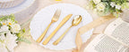 YOUBET 125PCS White Plastic Plates with Gold Rim, Gold Plates Disposable with Golden Silverware Include 25 Dinner Plate 25 Dessert Plate 25 Forks 25 Knives 25 Spoons For Wedding, Parties