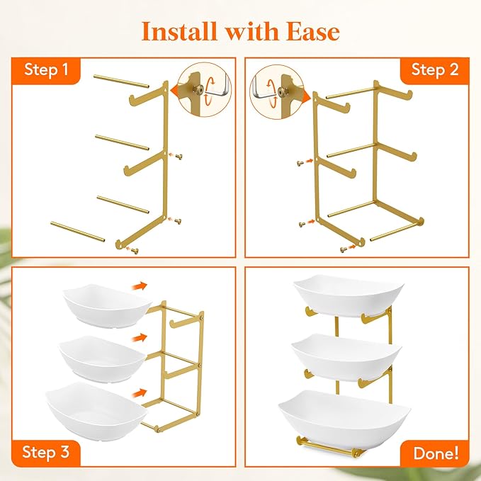 Lifewit Plastic Fruit Bowl for Kitchen Counter, 3 Tier Fruit Basket with Gold Metal Stand, Tiered Fruit Holder for Countertop Serving Tray for Vegetable/Dessert in Party 28 x 21 x 35cm/11 x 8.4 x 14