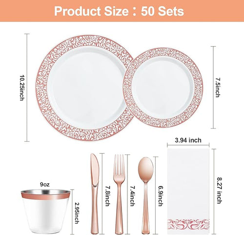 Bestluck 350PCS Rose Gold Plastic Dinnerware Set for 50 Guests, Disposable Plates for Party, Wedding, Include 50 Rose Gold Dinner Plates, 50 Dessert Plates, 50 Set Silverware, 50 Cups, 50 Napkins