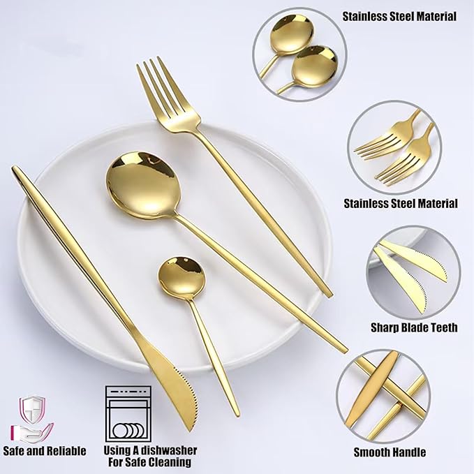 80-Piece Food Grade Gold Silverware Set, Luxury Flatware Set for 16 - Premium Stainless Steel Cutlery Set with Spoons Forks Knives, Shiny Gold Polished Kitchen Utensils for Home Restaurant Hotel