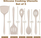 TeamFar Silicone Cooking Utensils Set, 5-Piece Heat Resistant Kitchen Utensils Set, Nonstick Slotted Solid Spoon Turner Pasta Server for Frying, Serving, Mixing, Non-Toxic & Dishwasher Safe, Khaki