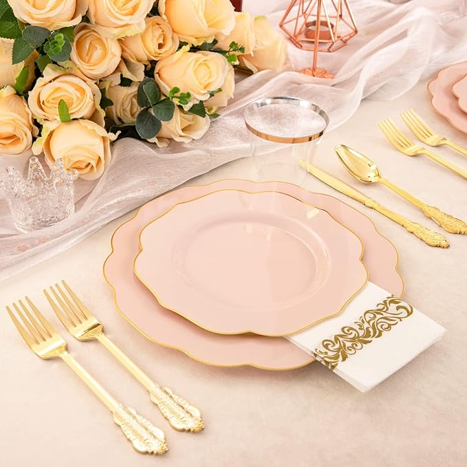 NOCCUR 175PCS Pink Plates with Gold Disposable Silverware - Include 50 Pink Plastic Plates,25 Knives,25 Forks,25 Spoons,25 Cups and 25 Napkins - Ideal for Party/Wedding/Mother's Day