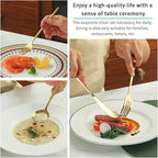Evanda Gold Silverware Set 64 Piece Service for 16, Titanium Gold Plated Stainless Steel Flatware Set, Knives Forks Spoons Cutlery Set for Wedding, Parties, Birthday, Restauroom, Dishwasher Safe