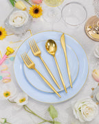 bUCLA 150PCS Blue Plastic Plates - Light Blue and Gold Disposable Include 25 Each (Dinner & Dessert) Plates, 25 Knives, 25 Forks, 25 Spoons and 25 Cups, Ideal for Party, Birthday & Wedding