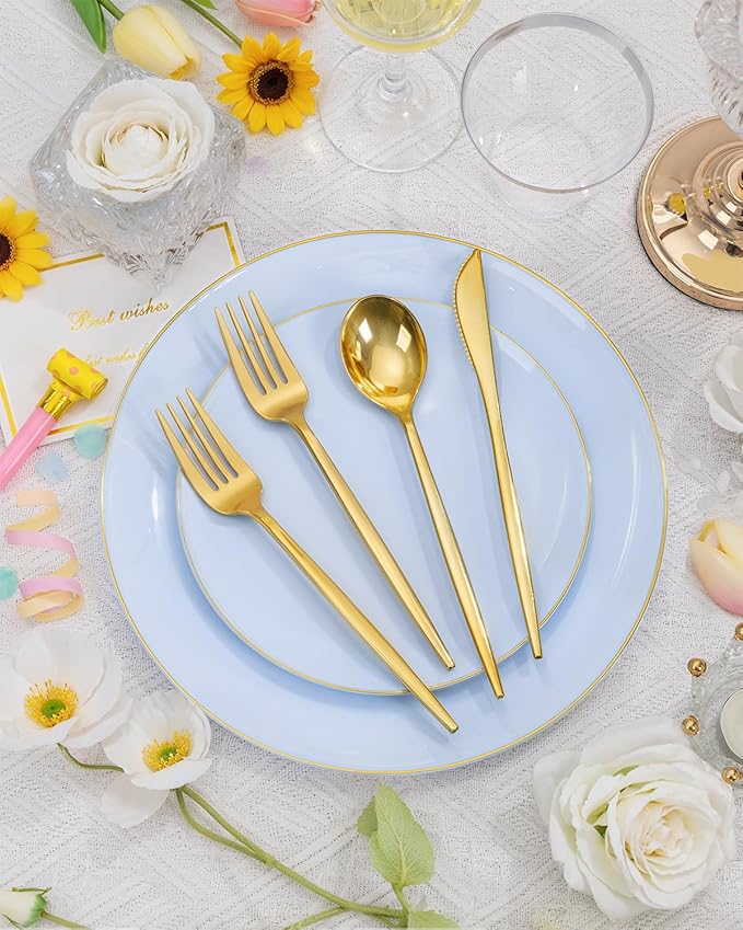 bUCLA 150PCS Blue Plastic Plates - Light Blue and Gold Disposable Include 25 Each (Dinner & Dessert) Plates, 25 Knives, 25 Forks, 25 Spoons and 25 Cups, Ideal for Party, Birthday & Wedding