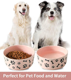 UBEE Ceramic Dog Bowl Set of 2, 6.5 inch Dog Food Bowl Dish with Bone Paw Pattern, Pet Food Water Dish Feeding for Small and Meidum Dogs and Large Cat, Pink