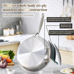DELARLO Tri-Ply Stainless Steel Pan, 18/10 Frying Pan, Oven Safe Up to 600°F, Nontoxic Cookware, Compatible with All Cooktops Skillet, Durable, Fast Even Heat Fry Pan,8" 10" 12" with lids