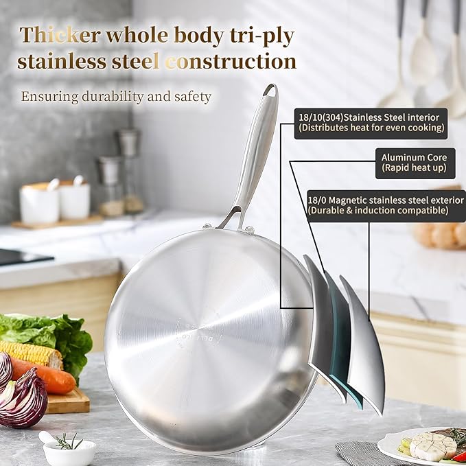 DELARLO Tri-Ply Stainless Steel Pan, 18/10 Frying Pan, Oven Safe Up to 600°F, Nontoxic Cookware, Compatible with All Cooktops Skillet, Durable, Fast Even Heat Fry Pan,Steel 10" and 12" with Lid