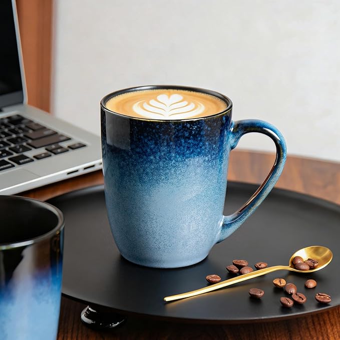 MONITO Large Ceramic Coffee Mugs Set with Handle for Tea/Latte/Cappuccino/Milk/Cocoa, Ice-Snow Blue 14oz, Set of 6, Funny Tea Cups for Office and Home