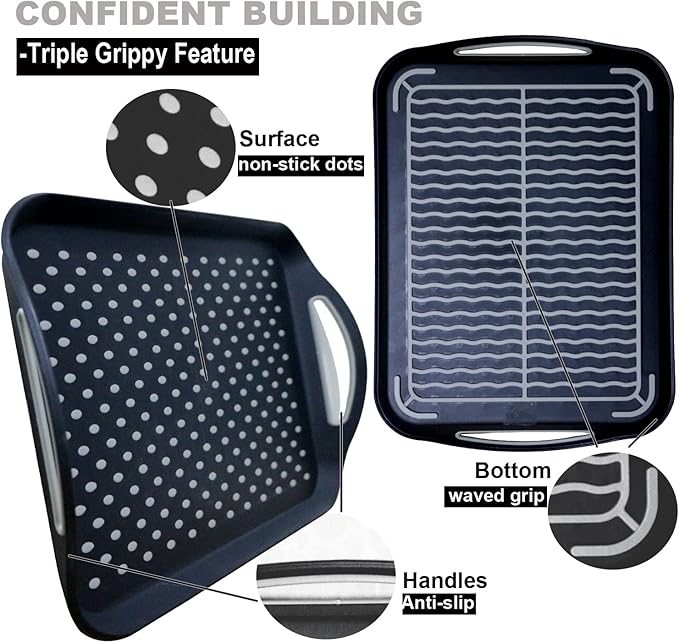 Large Non Slip Serving Tray with Handles, Silicone Gripping Nubs Lap Food Trays for Eating, Dishwasher Safe Serve for Dinner Snack Fruit Dessert Breakfast Beverage, Rectangular, Set of 2, Black
