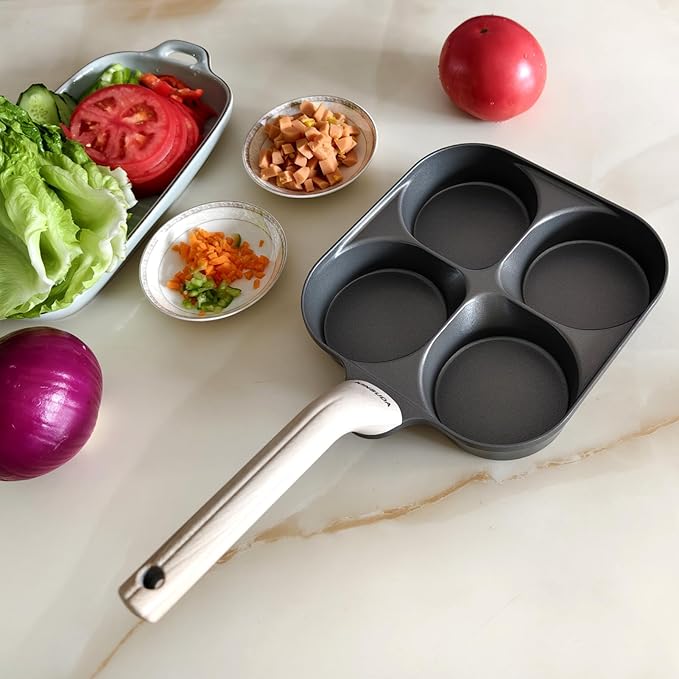 4-Cup 4-Hole Divided Titanium Nonstick Egg Pan, Induction Compatible 4-in-1 Breakfast Skillet for Pancakes, Burger Patties, Omelettes, PFOA-Free, Fast Heating, Dishwasher Safe