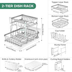 2 Tier Dish Drying Rack,Stainless Steel Dish Rack For Storing Knife Fork Pots&Pans,Dish Drying Rack With Drain Tray For Kitchen Countertops/Sinks,Silver Tiered Dish Rack With Retractable Drain Outlet