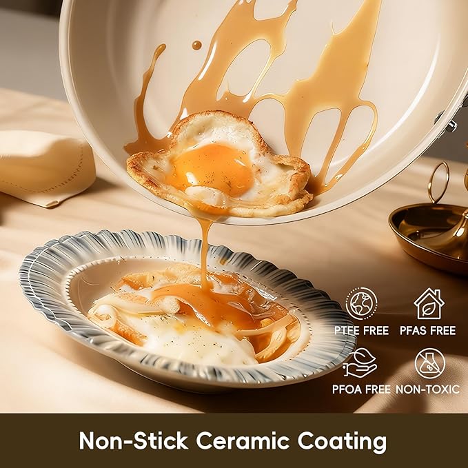 Ceramic Non Stick Egg Pans, Nonstick Frying Pan Skillet,8 inch Cooking Pan Non Toxic,Induction Suitable，PFAS-Free Cookware, Dishwasher Safe, Oven and Broiler Safe (Cream White, 8 Inch)