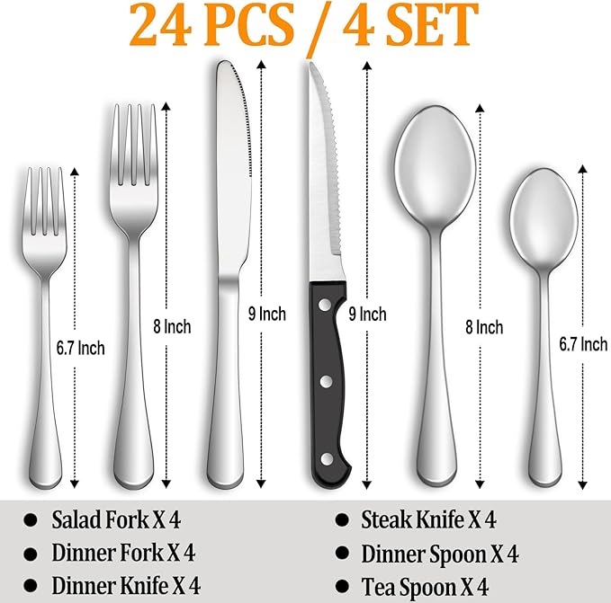 MUTNITT Silverware Set with Steak Knives Service for 4,Stainless Steel Flatware, Mirror Polished Cutlery Utensil Set for Home Kitchen Eating Tableware, Include Fork Knife Spoon, Dishwasher Safe