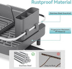 Urackify Expandable Dish Rack for Kitchen Counter, 16.14"-23.62" Large Stainless Steel Dish Drying Rack with Adjustable Water Spout, Space Saving Dish Drainer with Auto Draining Cutlery Holder,Grey
