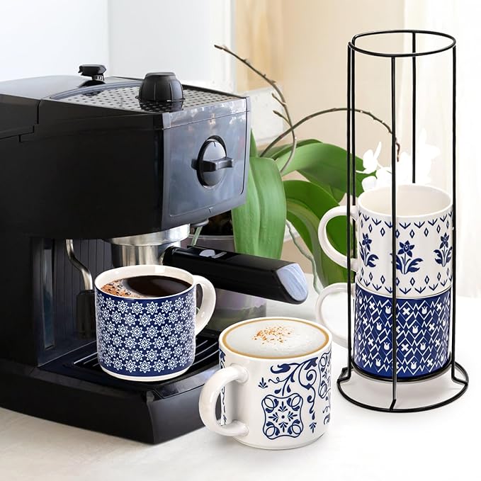 Eorbow 4 Pack Ceramic Coffee Mug Set with Rack, 16 OZ Stackable Cappuccino Cups with Metal Stand, Blue and White Porcelain Tea Mugs for Latte, Americano, Milk, Hot Cocoa, Beverages, Microwave Safe