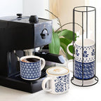Eorbow 4 Pack Ceramic Coffee Mug Set with Rack, 16 OZ Stackable Cappuccino Cups with Metal Stand, Blue and White Porcelain Tea Mugs for Latte, Americano, Milk, Hot Cocoa, Beverages, Microwave Safe