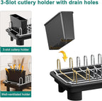 junyuan Compact Dish Drying Rack,Small Dish Rack for Kitchen Counter, Dish Drainer with 360° Rotatable Spout,Plate Rack, Dish Strainer with Cutlery Holder for Pots, Fork & Knives Space Saving