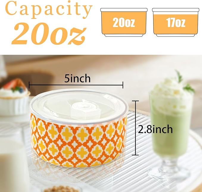 Ceramic Bowls with Lids Set of 4,20 oz Ceramic Serving Bowls with Lids for Kitchen,Office Lunch,Picnic, 5 Inch Prep Bowls for Meal Prep, Cereal, Salad, Microwave Dishwasher Safe
