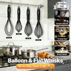 Anaeat Silicone Kitchen Whisk Set of 4, Perfect for Non-Stick Cookware, Egg Beater Milk Blender for Whisking, Cooking, Baking, Beating - 11'' Flat Whisk and 9''+11''+12'' Balloon Whisks (Black)