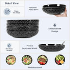 Sureasy 9.7" Pasta Bowls Set of 4-42 oz Large Salad Bowls for Kitchen, Embossed Ceramic Serving Bowls for Fruits, Soup, Pasta and Salad, Microwave & Dishwasher Safe, Black