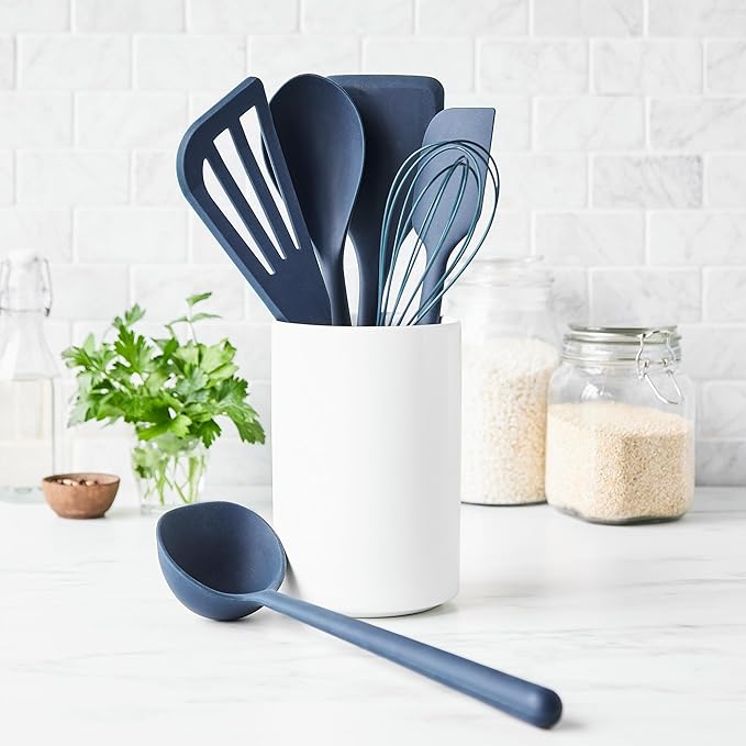 GreenPan Silicone 6 Piece Cooking Utensil Set & Holder, Spoon, Spatulas, Whisk, Ladle, Flexible Nonstick Kitchen Tools, Steel Core Heat-Resistant Anti-Slip Handle BPA-Free Dishwasher Safe, Oxford Blue