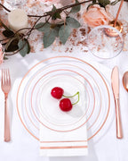 GATHER 700PCS Rose Gold Plastic Plates - Clear Rose Gold Rim Disposable Dinnerware Set Includes 200 Plates, 300 Silverware, 100 Napkins, 100 Cups for Party & Wedding & Mother's Day