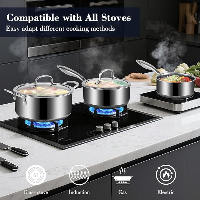 Hybrid Non Stick Pot Set 6 Pcs with 2 Silicone Trivets, 1.5, 2.5 QT Saucepan & 5.2 QT Stock Pot with Glass Lids, Stay-Cool Handles, Dishwasher Safe, Induction Ready, Compatible All Cooktops