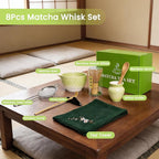 Matcha Whisk Set 8Pcs, Ceramic Japanese Tea Handmade Bowl Kit, Ombre Dimpled, Ceremony Starter Making Gifts, Complete Fellow Matcha Tools Accessories with Spout Spoon Chasen Holder Sifter Tea Cloth