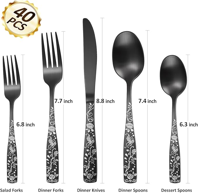 Matte Black Rose Flower Pattern Silverware Set for 8,OIULO 40-Piece Flatware set,18/0 Stain Finish Stainless Steel Decorative,Vintage Cutlery 8,Design Handle,Daily Party Event Serving Dishwasher Safe