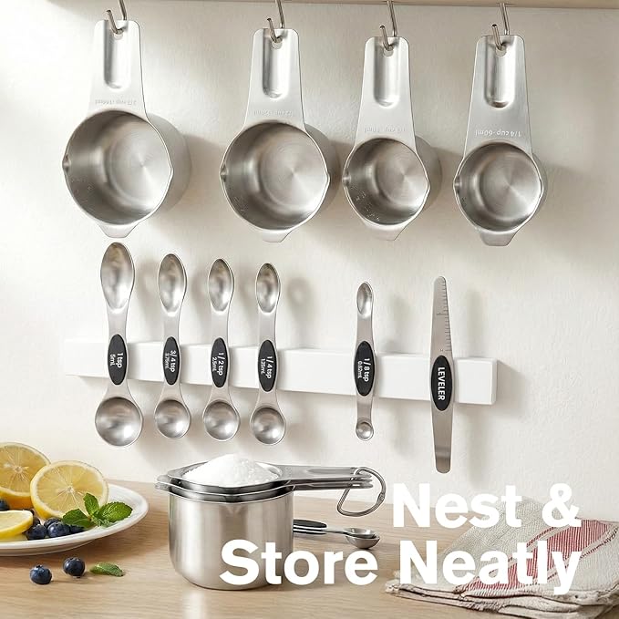 Measuring Cups and Spoons Set, 304 Stainless Steel Measuring Cups Set of 7,8 Magnetic Stainless Steel Measuring Spoons & 1 Leveler for for Measure Dry and Liquid Ingredients