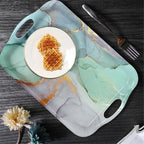 Serving Tray Decorative Tray with Handles Multi-Purpose Rectangular Serving Trays for Restaurant, Parties, Coffee Table, Kitchen - Teal Marble Pattern