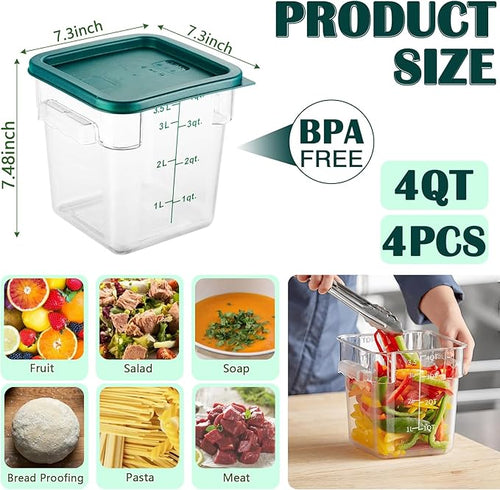 4 Pack 4QT Food Storage Containers with Green Lids, Clear Square Restaurant Commercial Food Storage Containers with Handle and Scale, Marinating Container Dough Rising Bucket for Home & Dining