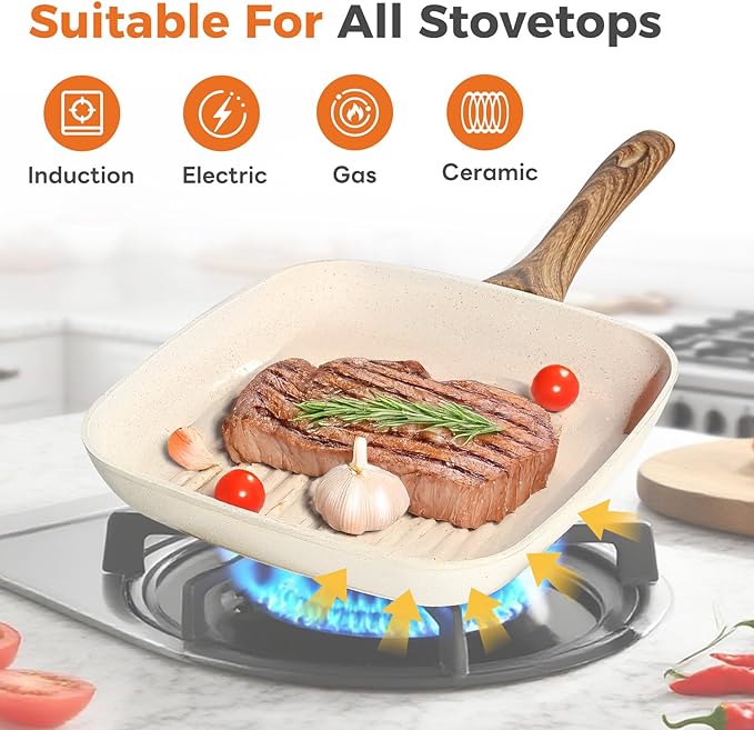 NEWBULIG Nonstick Frying Pan Skillets Set, with Detachable Stay-Cool Handle, Non toxic Induction Cookware, Free of Intentionally Added PFOA, Dishwasher ＆ Oven Safe, (9.5", 10.2", 11") Beige