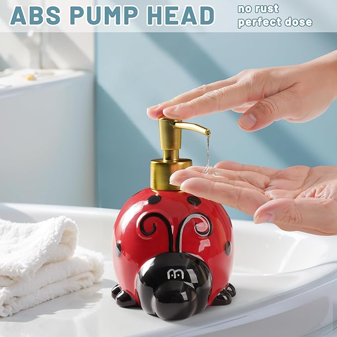RQYIXI 17 OZ Ladybug Ceramic Soap Dispenser with ABS Pump,Refillable Liquid Bathroom soap Dispenser for Lotion ,Body Wash ,Cute Kitchen Soap Dispenser for Dish Soap,Hand Soap
