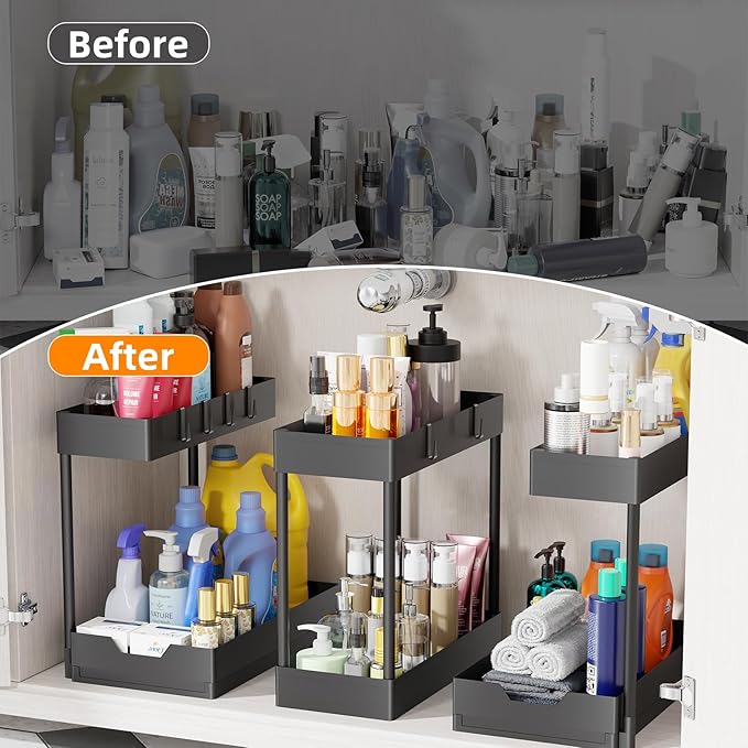 Simple Trending 2-Tier Under Sink Organizers and Storage, Multi-Purpose Pull-Out Storage Organizers, Stackable Cabinet Organizer Shelf for Kitchen, Bathroom, Black, 3 Packs