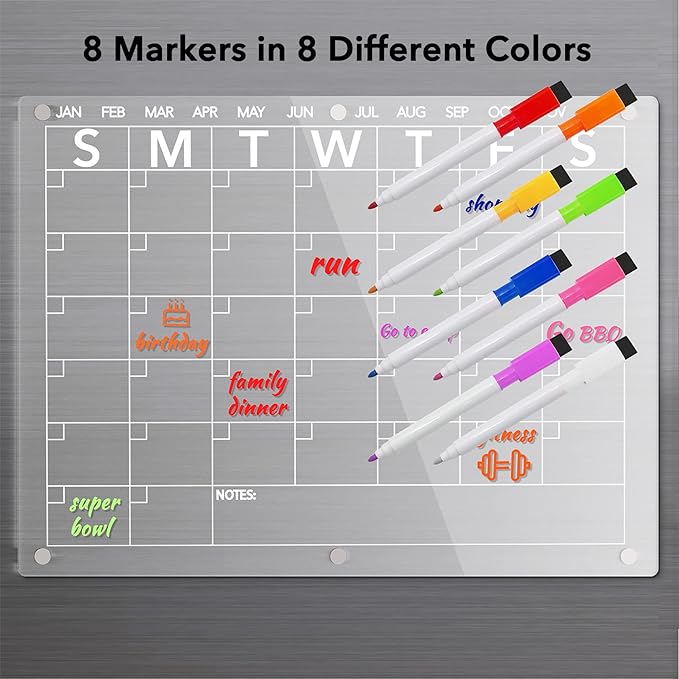 Acrylic Magnetic Dry Erase Board Calendar for Fridge, Clear Monthly Planner Whiteboard for Refrigerator, w/ 8 Colors Markers, 15"x11"