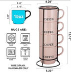 Signature Housewares Stackable Coffee Mug Tower Set with Metal Wire Rack - 15 Ounce Coffee Mugs for Coffee, Tea, Cocoa, Milk, Cappuccino, Hot Chocolate Set of 4 - Pink Coffee