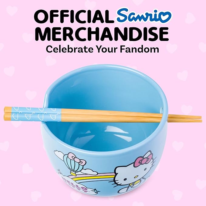Silver Buffalo Sanrio Hello Kitty Rainbow Ceramic Ramen Bowl with Chopsticks, 20 Ounces
