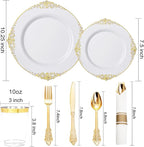 Nervure 700PCS Gold Plastic Plates - Gold Plastic Dinnerware Sets for 100 Guests - 200 Disposable Plates, 300 Silverware, 100 Cups, 100 Napkins for Wedding & Party
