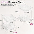Delamu 2 Tier Snap-Lock Bathroom Under Sink Organizers and Storage, Multi-Purpose Cabinet Drawers with Movable Dividers, Pull Out Organization for Countertop, Kitchen and Pantry(Clear, 4 Pack)