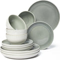 Pokini Stoneware Dinnerware Sets Service for 12, 36 pcs Reactive Glaze Plates and Bowls Sets, Handmade Ceramic Dish Set, Highly Chip and Crack Resistant Modern Plate Set, Gradient Green