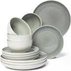 Pokini Stoneware Dinnerware Sets Service for 12, 36 pcs Reactive Glaze Plates and Bowls Sets, Handmade Ceramic Dish Set, Highly Chip and Crack Resistant Modern Plate Set, Gradient Green