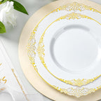 Bestluck 350PCS Gold Plastic Plates for 50 Guests, Disposable Dinnerware Sets Include 100 Gold Rim Plastic Plates, 50 Silverwares, 50 Cups, and 50 Pre Rolled Napkins for Party, Wedding, Graduation