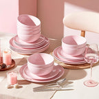 KINGSTONE 12-Piece Bone China Dinnerware Set for 4, Lightweight Porcelain Round Plates and Bowls Set, Durable Scratch Resistant Ceramic Dinner Set, Microwave & Dishwasher Safe, Sakura Pink