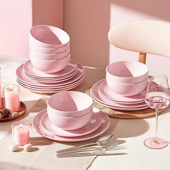 KINGSTONE 24-Piece Bone China Dinnerware Set for 8, Lightweight Porcelain Round Plates and Bowls Set, Durable Scratch Resistant Ceramic Dinner Set, Microwave & Dishwasher Safe, Sakura Pink