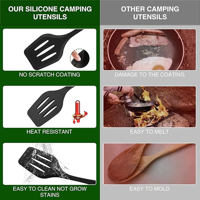 Camping Essentials Cookware Cooking Utensils Set - Portable Camp Kitchen Mess Kit Outdoor Accessories, Stainless Steel & Silicone, Camping Gear Equipment for RV Picnic Grill, Khaki